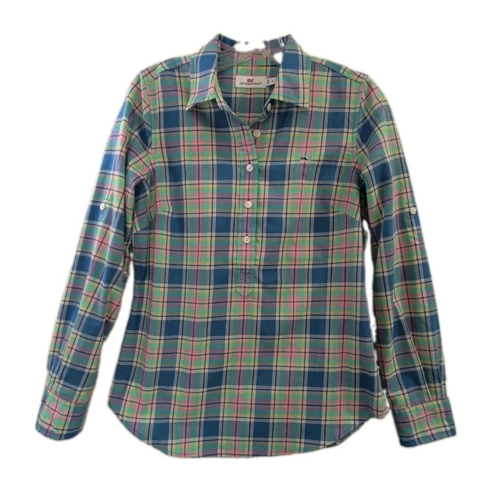 Vineyard Vines Popover Shirt Womens 2 Pastel Plaid Roll Tab Sleeve Preppy Casual